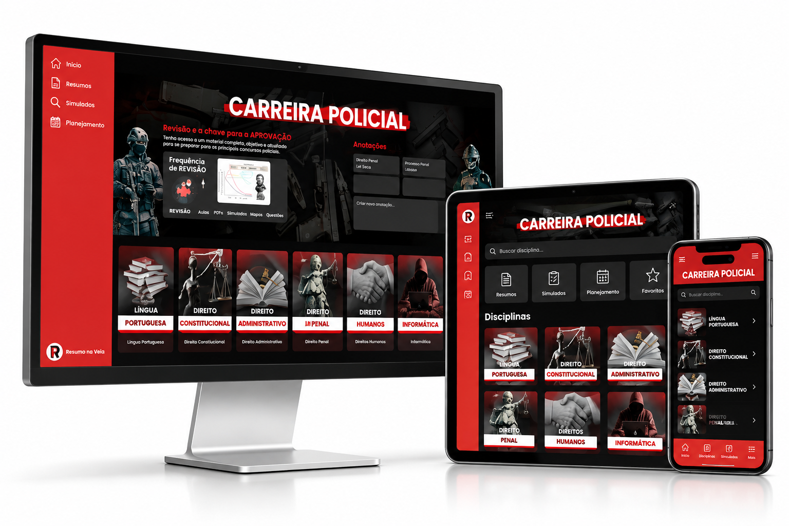 Plataforma de estudos da carreira policial acessada no computador, tablet e celular